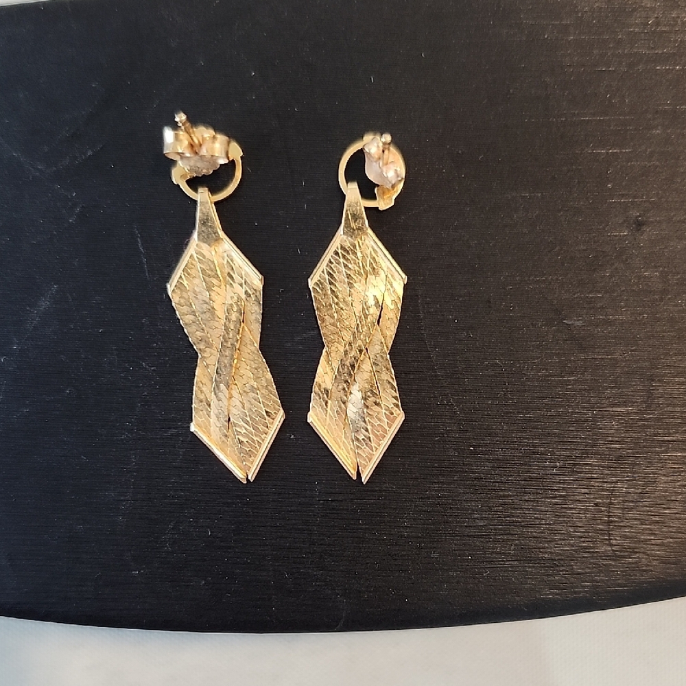 14K Gold Vintage Elegant Solid Gold Braided Herringbone Dangle Pierced Earrings - Picture 2 of 15